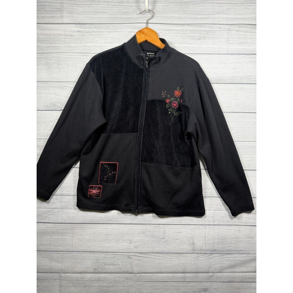 Erika Collection Women's L Black Velour Floral Embroidered Zip Jacket 4397